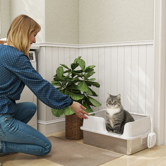 XL Stainless Steel Litter Box - High-Sided Pan with Scoop