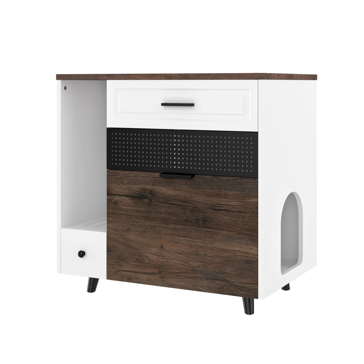 Cat Litter Box Enclosure, Indoor Hidden Cat Litter Box Furniture with 2 Drawers and Door, Cat House End Table for Living room, White and Brown