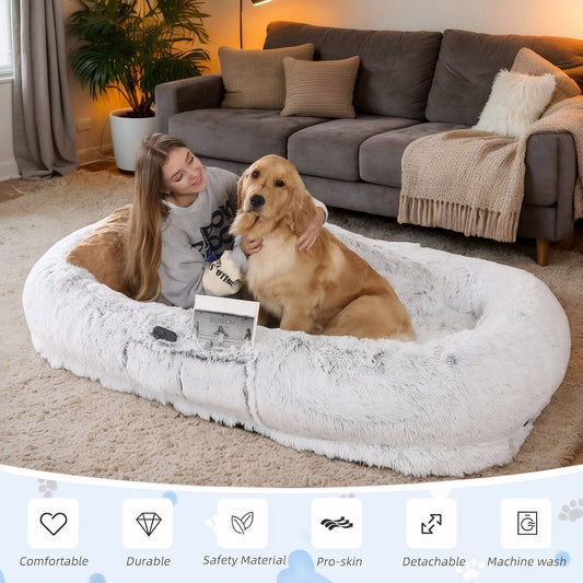 Human Dog Bed with Washable Faux Fur and Orthopedic Support