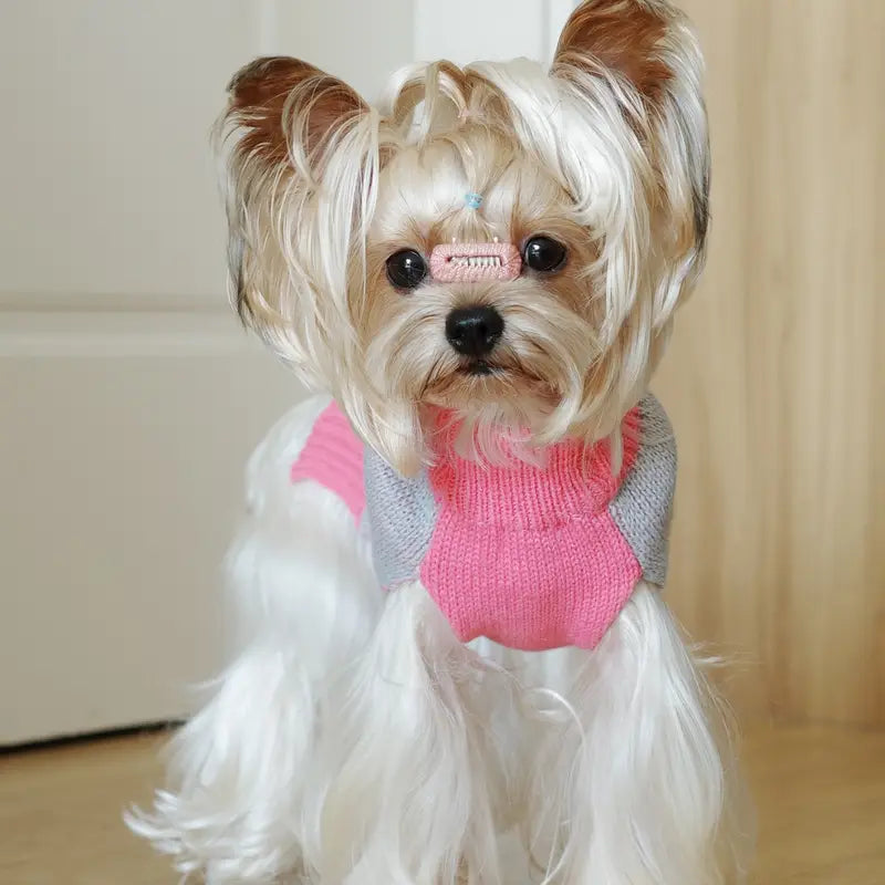 Adorable Triple Heart Patterned Pink & Grey Turtleneck Pet Sweater