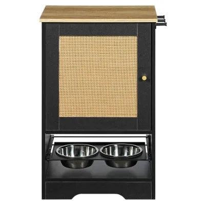 Elevated pet feeding station with one storage cabinet in black by Purrfect Pet Kingdom, perfect for organized feeding areas.