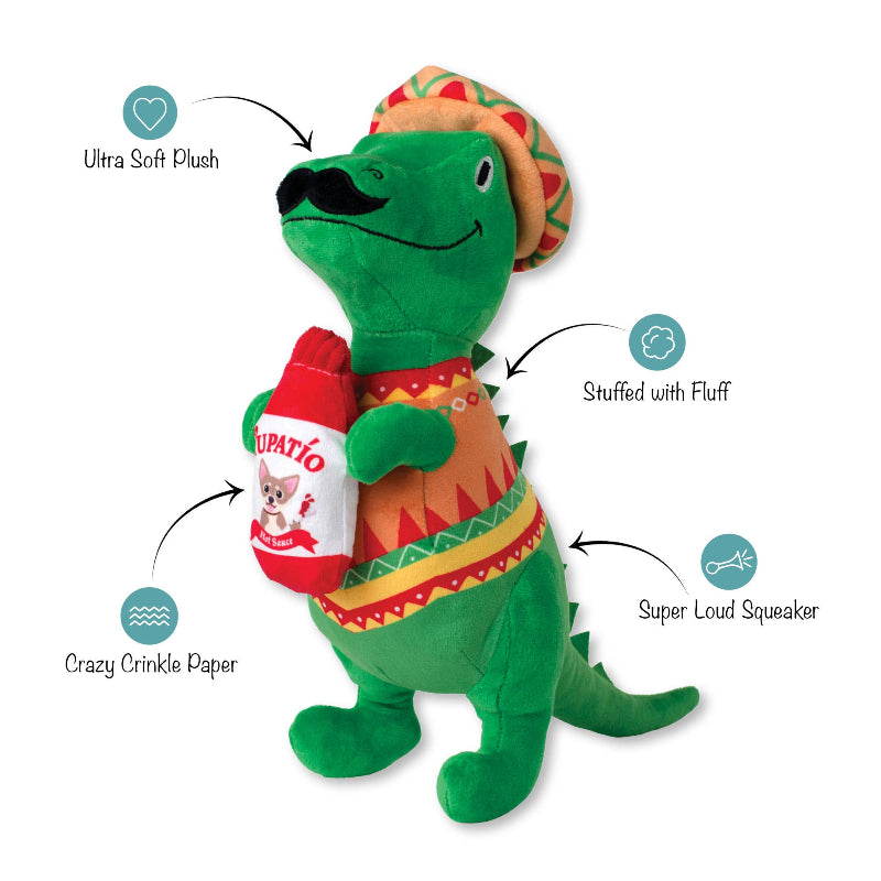Fiesta Saurus Mustache Rex Plush Squeak Dog Toy