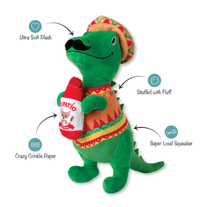 Fiesta Saurus Mustache Rex Plush Squeak Dog Toy