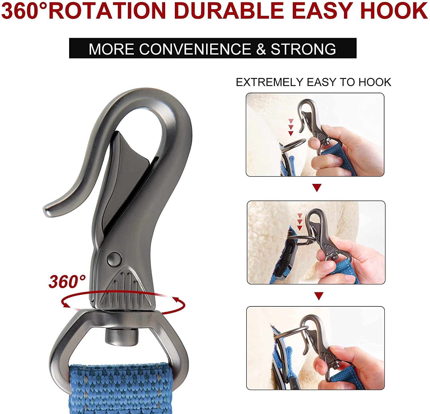 Close-up of a 360-degree rotating hook on a 5 foot durable dog leash for large dogs showcasing strength and convenience