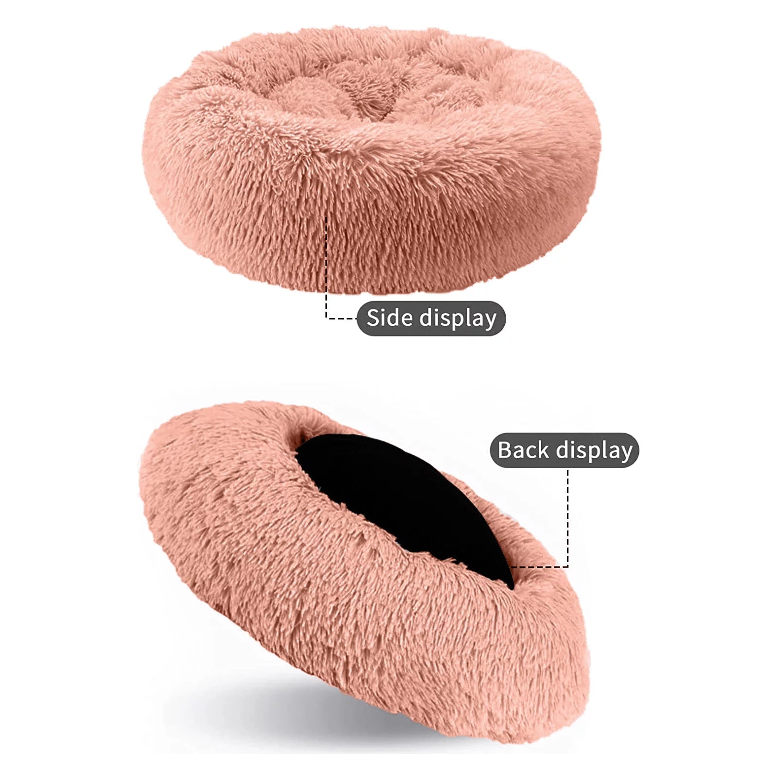 Fluffy donut cat bed in soft pink color with side and back views for cozy lounging