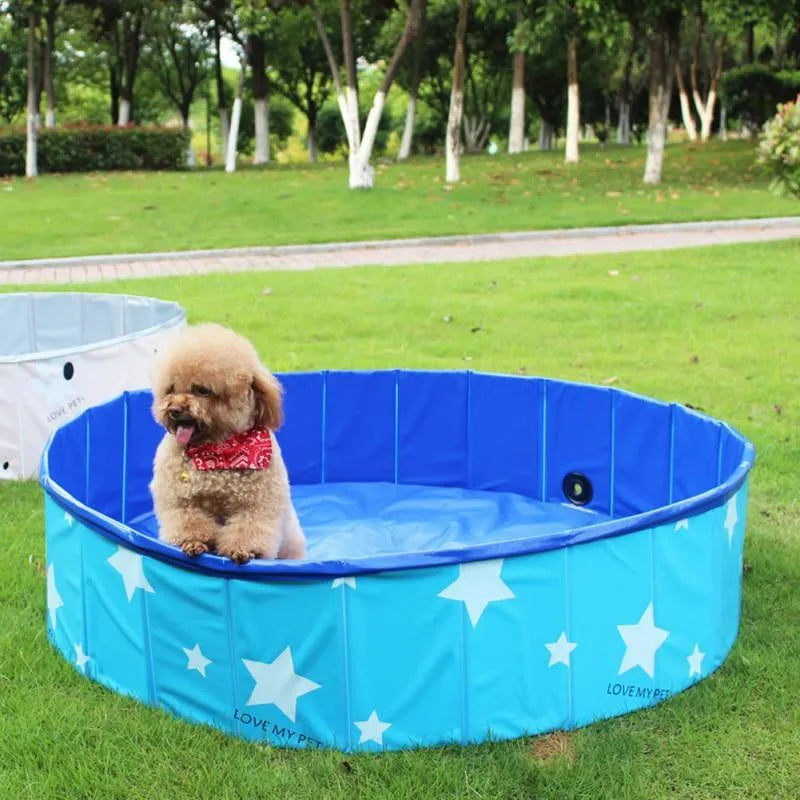 Foldable Dog Pool by Stevvex in blue, 60cm size, perfect for indoor/outdoor pet bathing and toy storage. Leakproof design.