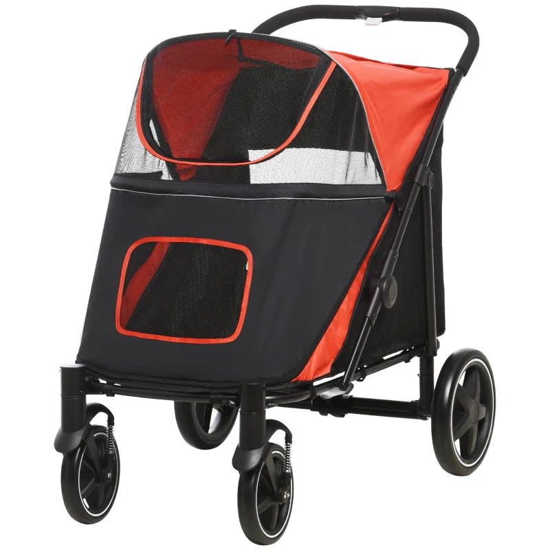 Foldable dog stroller for large pets in black and red with mesh windows for ventilation