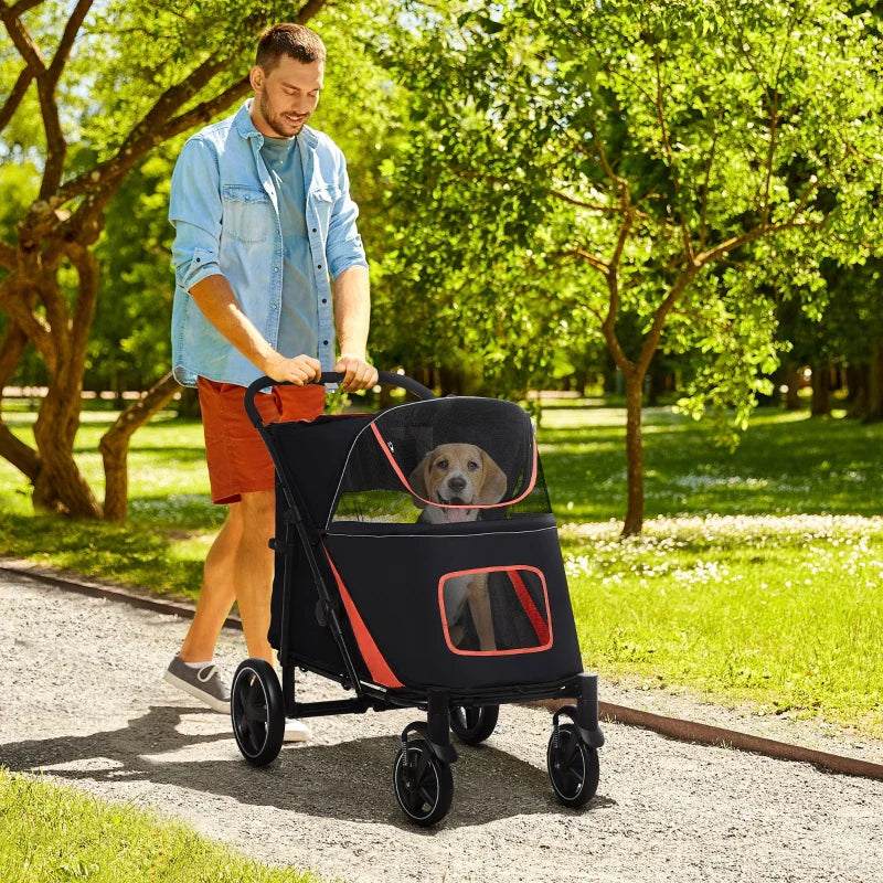Foldable dog stroller for large pets, featuring spacious design and easy maneuverability, perfect for walks