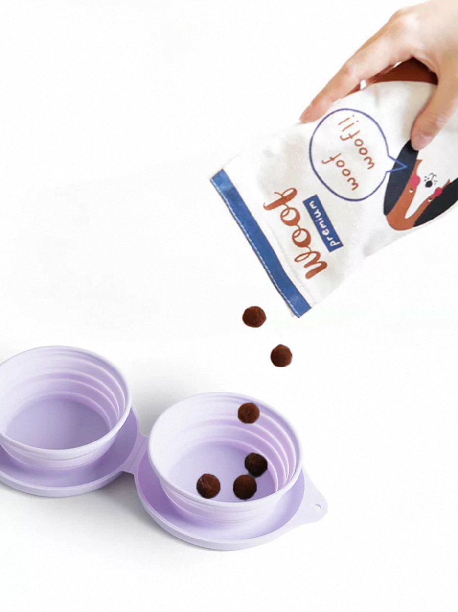 Foldable pet travel bowl in lavender for convenient feeding on the go, perfect for pet owners