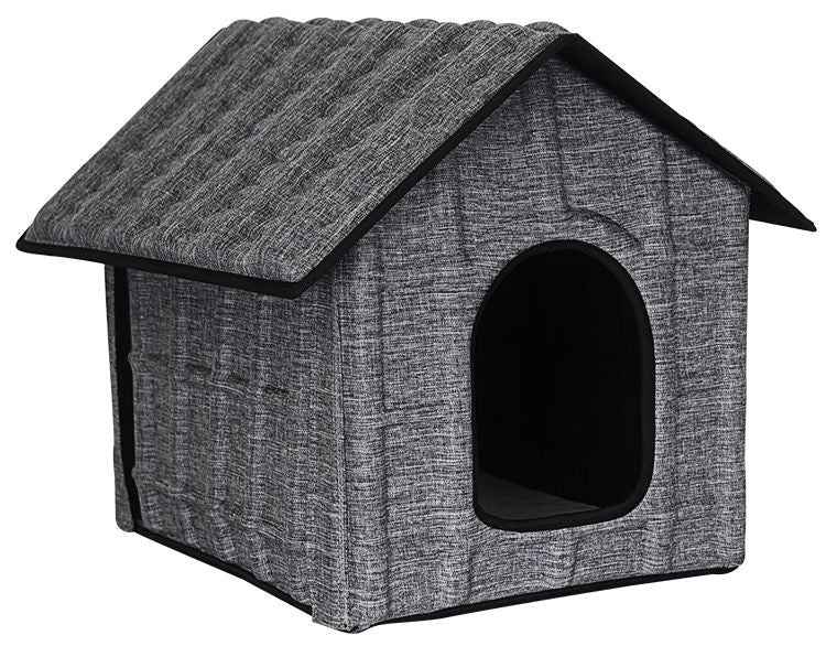 Purrfect Pet Kingdom folding indoor outdoor dog shelter in gray fabric with house shape and arched entrance