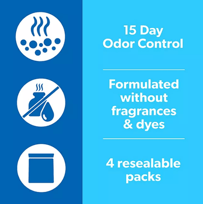 Fresh Step litter for multiple cats with 15 day odor control, fragrance free formula, and 4 resealable packs