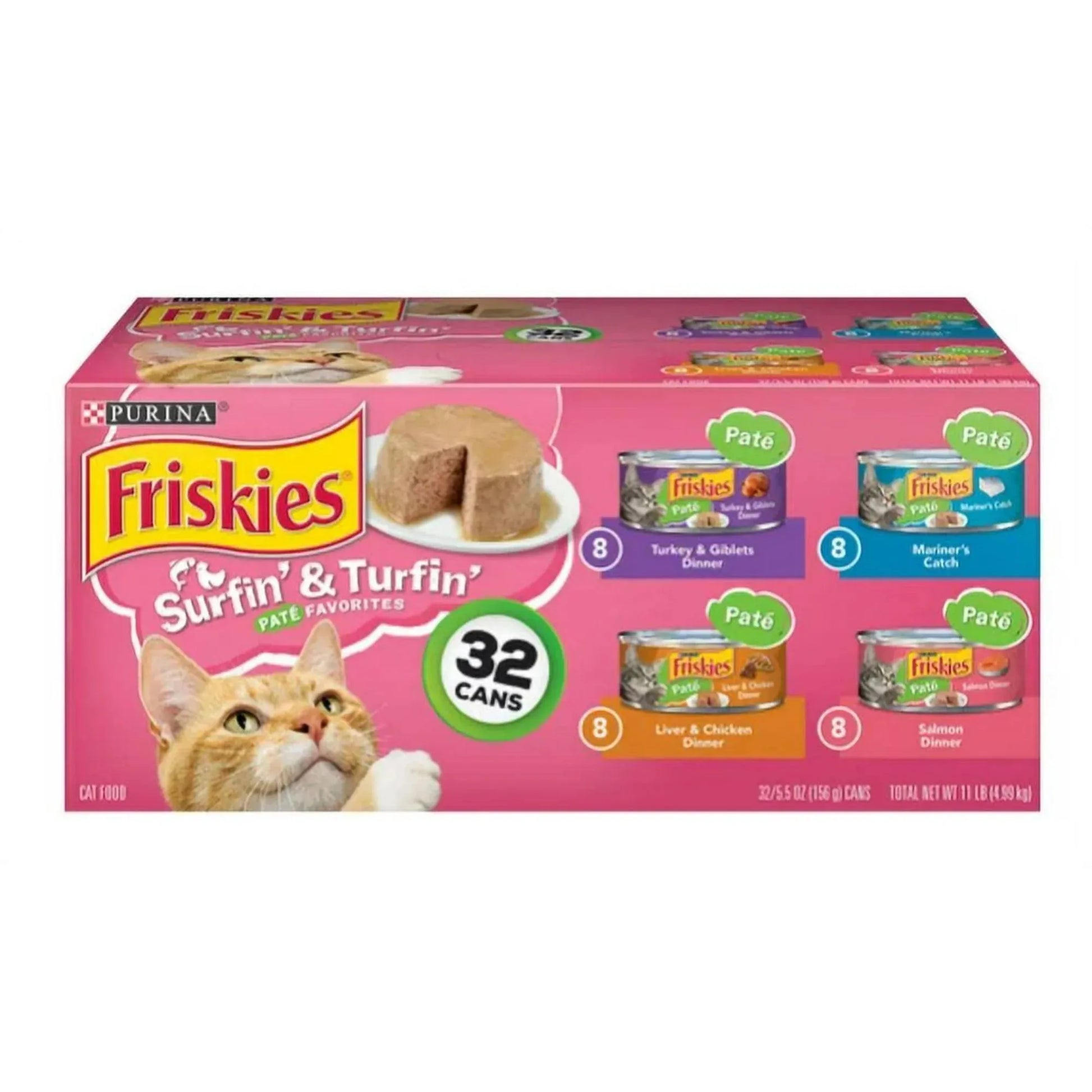 Friskies Pate Surf & Turf Variety 5.5oz 32ct by The Family Pet, featuring colorful cat food cans in a convenient bulk pack.