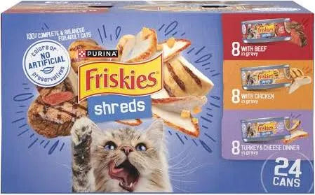 Friskies Shredded Variety cat food, 5.5oz pack, 24ct by The Family Pet, featuring colorful packaging for your feline friend.