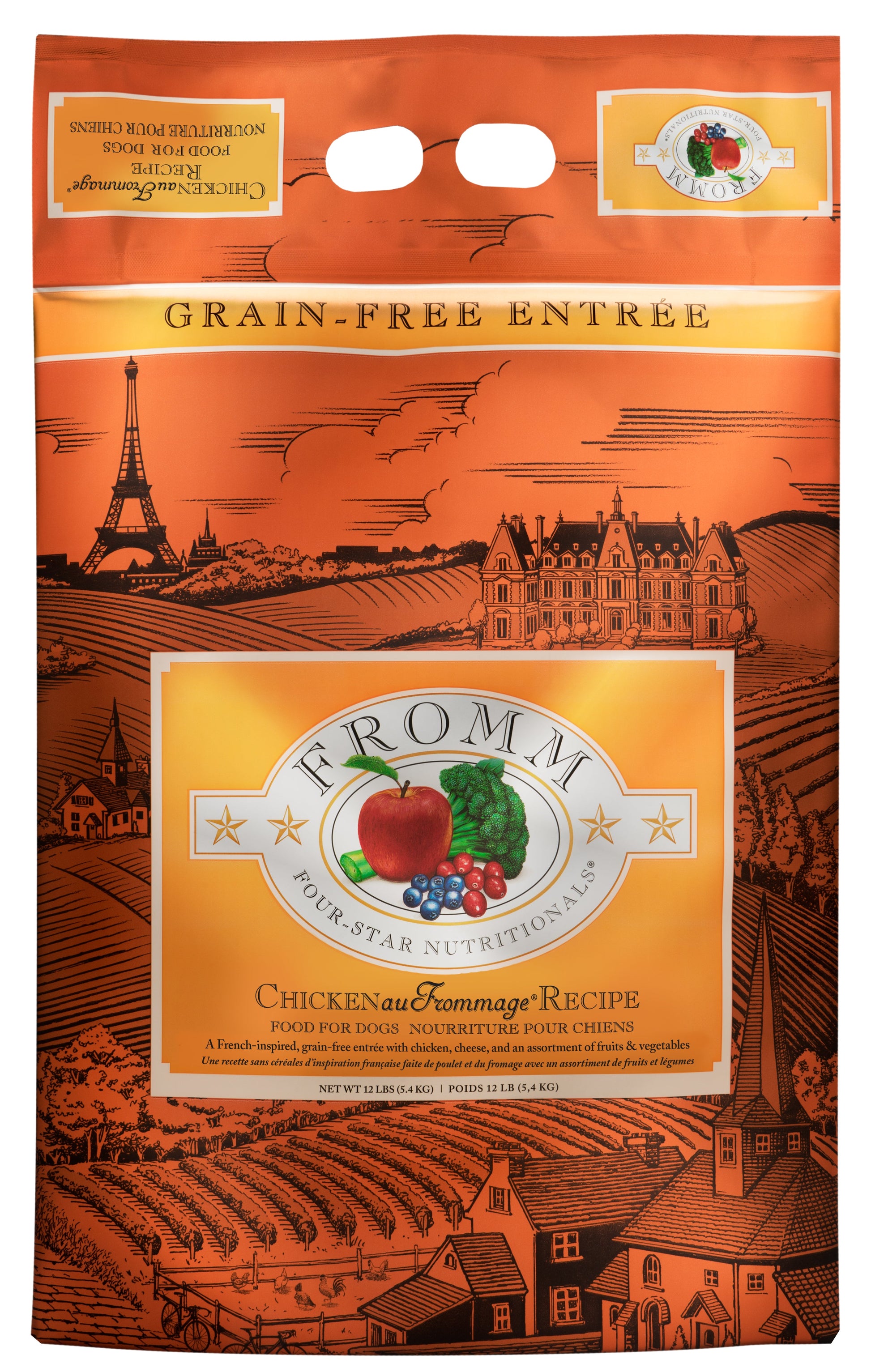 Fromm Chicken au Fromage dog food packaging featuring grain-free formula and colorful ingredients