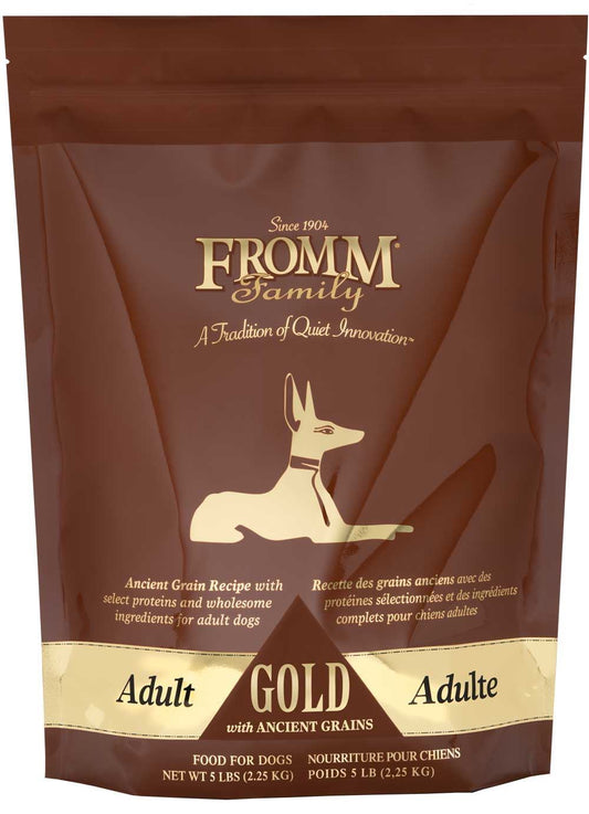 Fromm Gold adult dog food in a brown bag designed for healthy nutrition for adult dogs