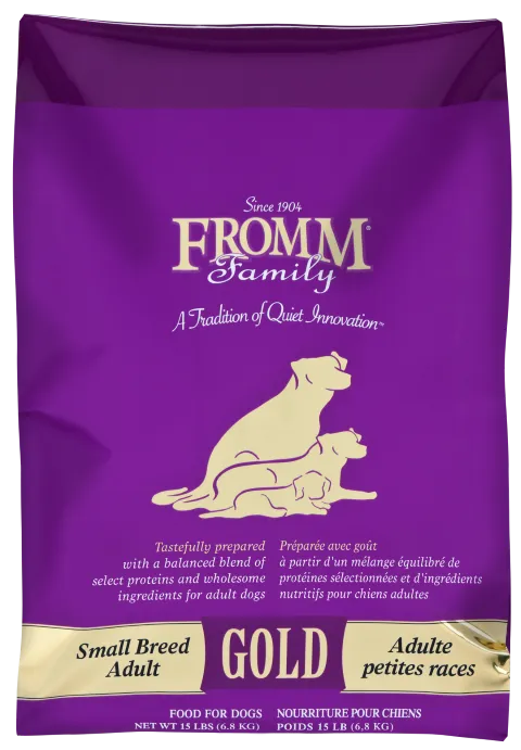 Fromm Gold Adult Small Breed Chicken Dry Dog Food by The Family Pet, 5.0lb bag, featuring a vibrant yellow design, perfect...