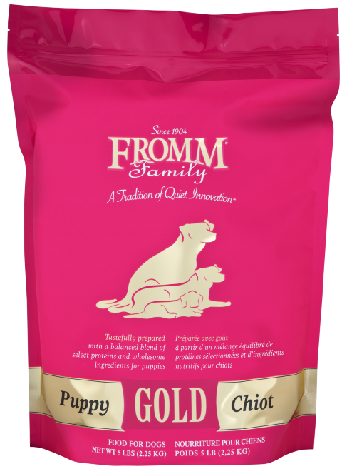 Fromm Gold Puppy Chicken dry dog food in a pink bag, perfect for nourishing growing puppies