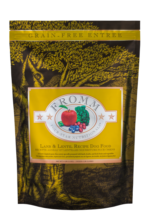 Fromm grain free lamb and lentil dog food in a yellow bag with fruit and vegetable illustrations
