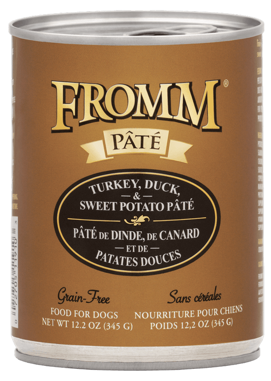 Fromm Grain Free Turkey Duck Sweet Potato Dog Food in a 12.2 oz can for nutritious pet meals
