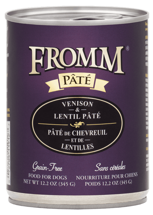 Fromm grain free venison dog food in a 12.2 oz can, featuring venison and lentil pâté for dogs