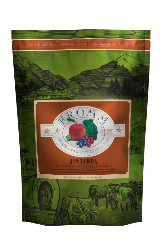 Fromm Rancherosa grain free dog food in a resealable bag with vibrant farm scenery design