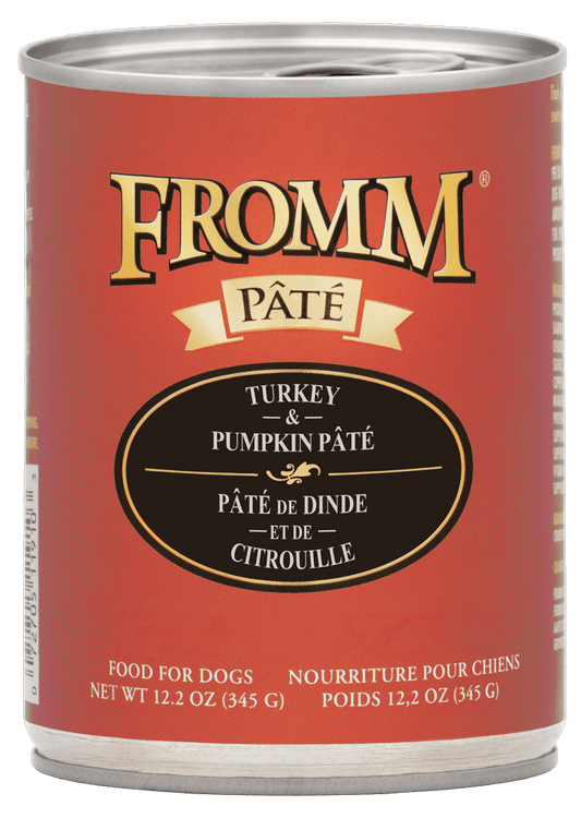 Fromm turkey and pumpkin dog food in a 12.2 oz can, nutritious pate for dogs