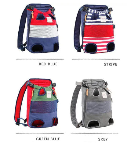 Front-facing pet carrier backpack for small and medium dogs by Purrfect Pet Kingdom, available in green and blue or red an...