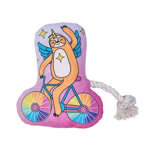 Colorful fun durable plush dog toys featuring a sloth on a bicycle with rope for playful dogs