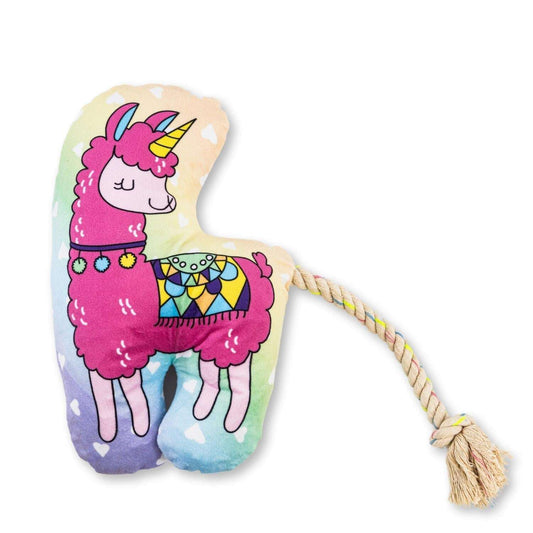 Fun interactive pet plush toy shaped like a colorful unicorn llama with a rope tail for dogs