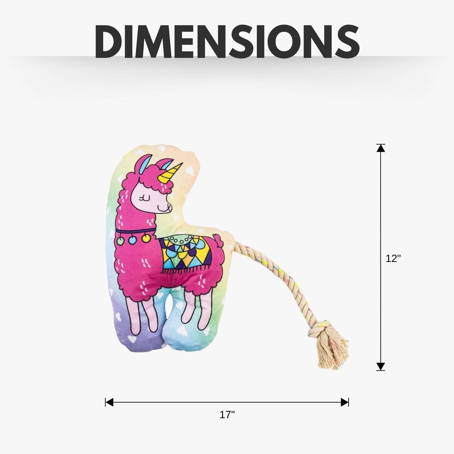 Fun interactive pet plush toy shaped like a colorful llama with a rope tail for dogs