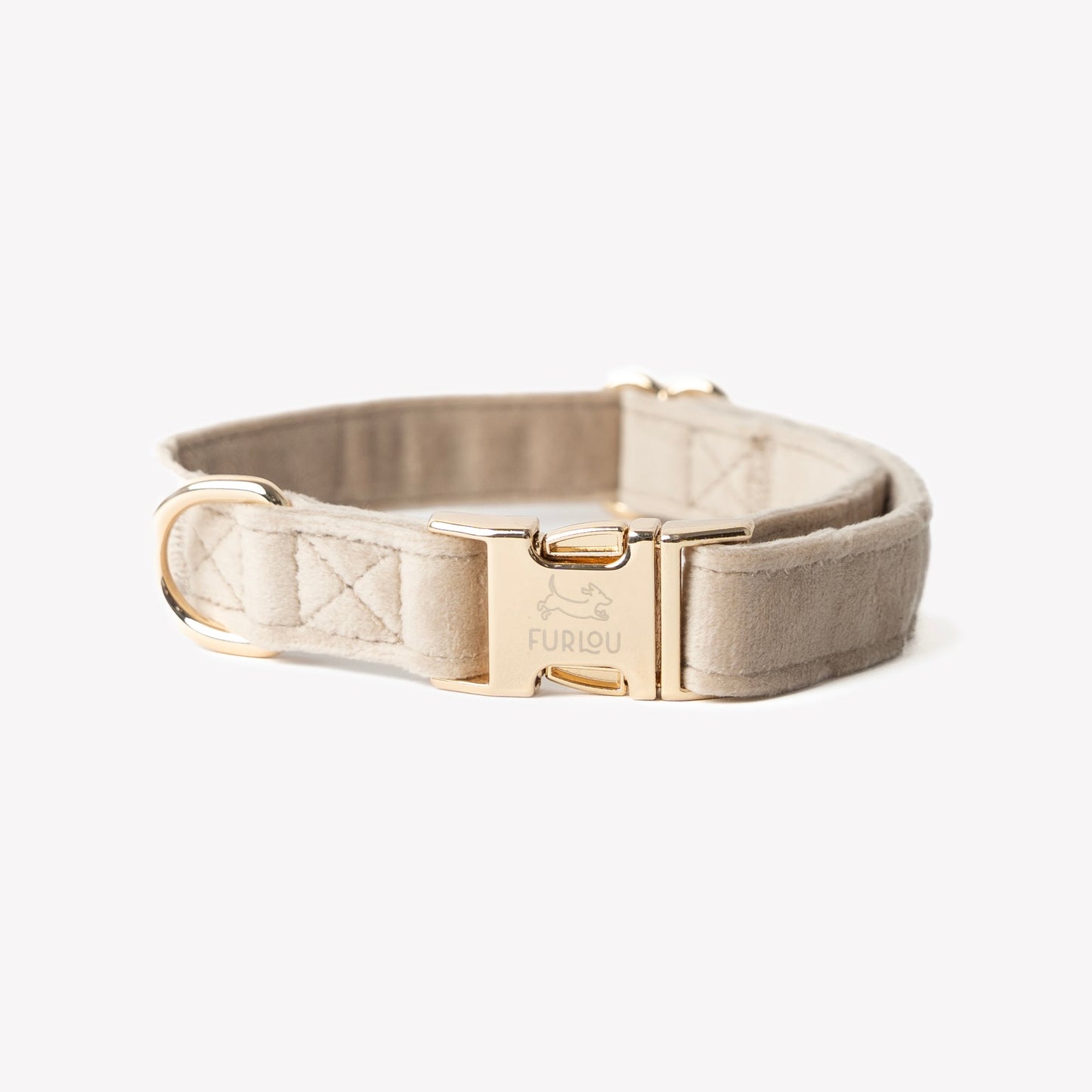 FURLOU Velvet Dog Collar in neutral color with gold hardware for stylish pet accessory