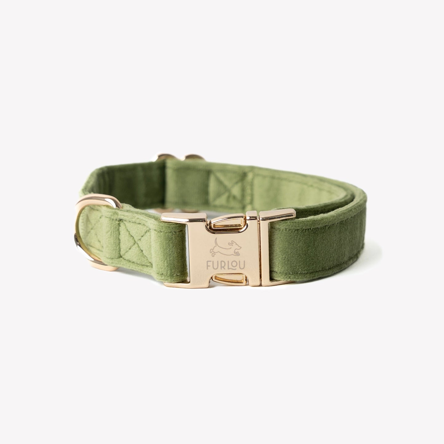 FURLOU Velvet Dog Collar in Olive Green with a Stylish Gold Buckle