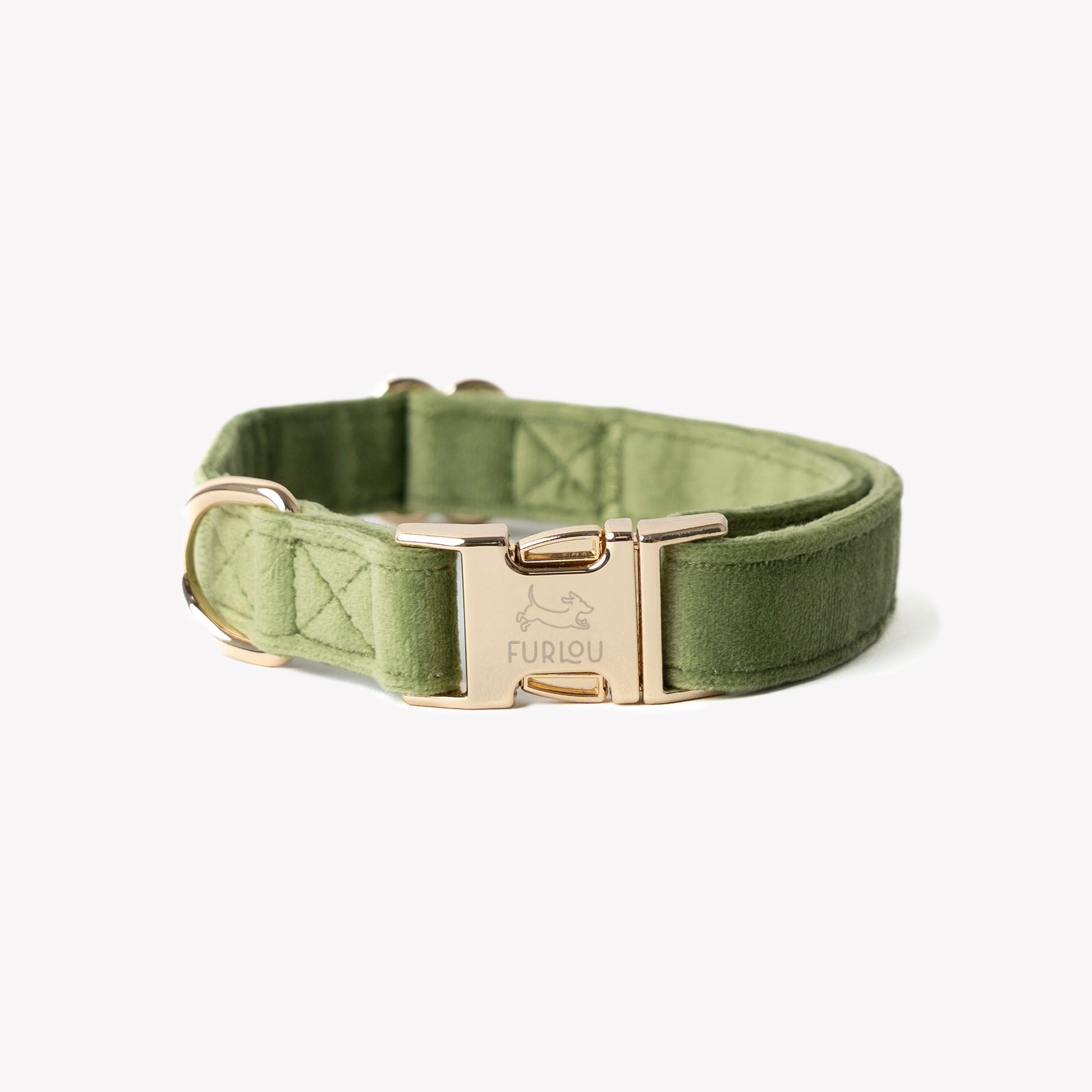 FURLOU Velvet Dog Collar in Olive Green with a Stylish Gold Buckle