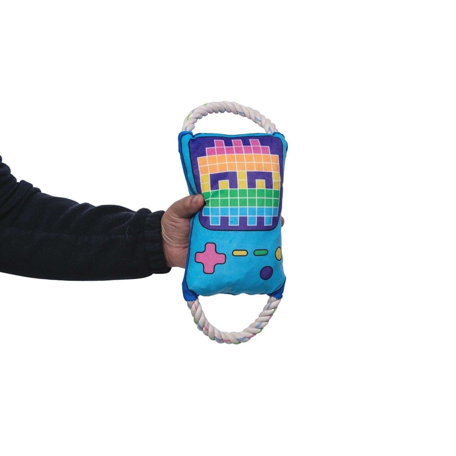 Interactive gamer plush for pets with colorful design and rope handles for fun playtime