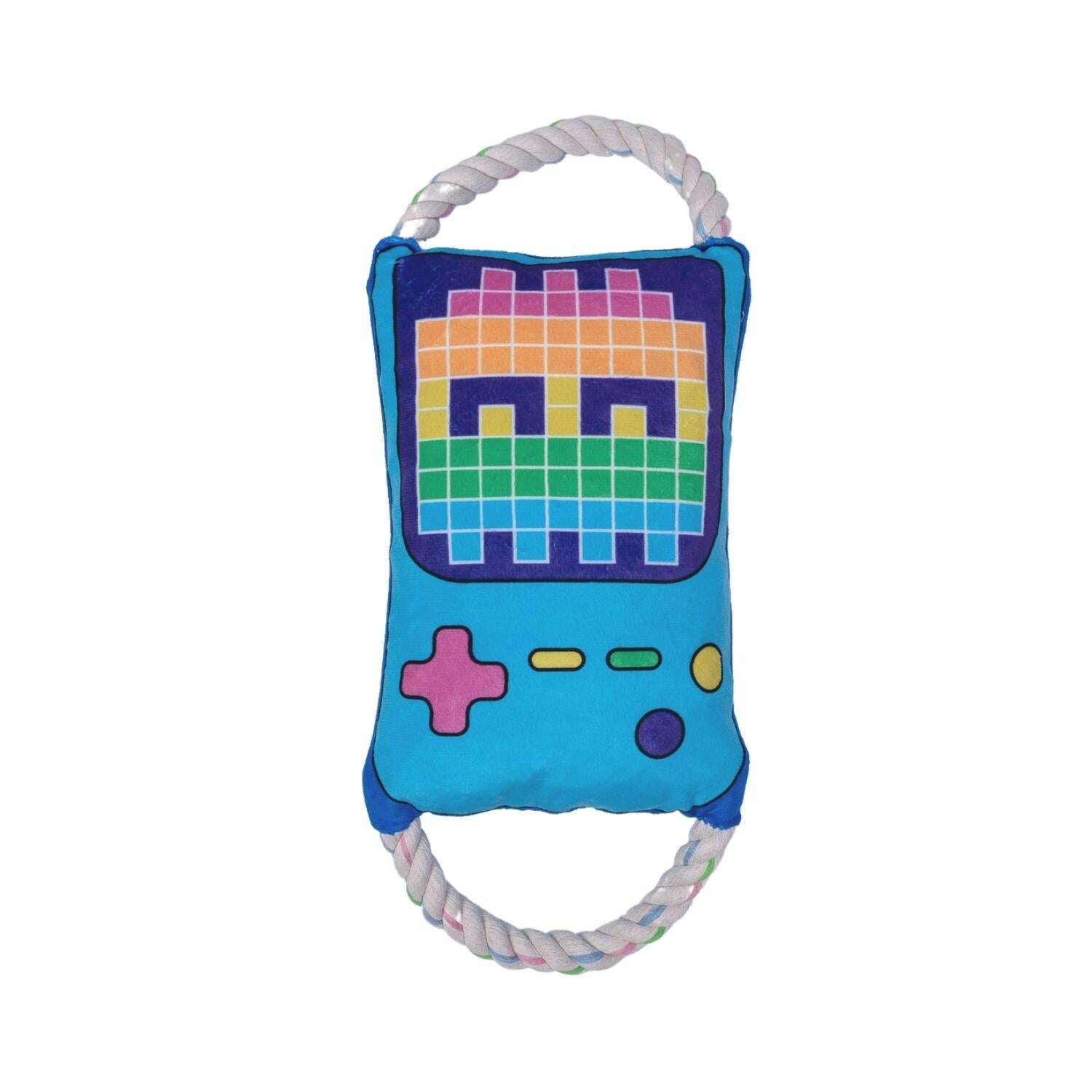 Interactive gamer plush for pets with a colorful design and sturdy rope for playful tugging
