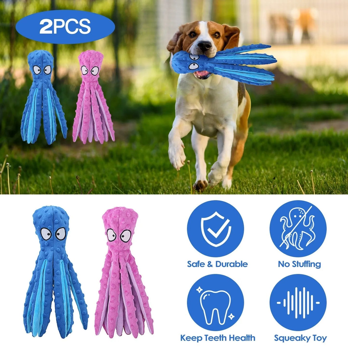 GBruno 2Pcs Squeaky Dog Toys in Blue and Pink, perfect for playful dogs, from the GBruno Store, ideal for interactive fun.