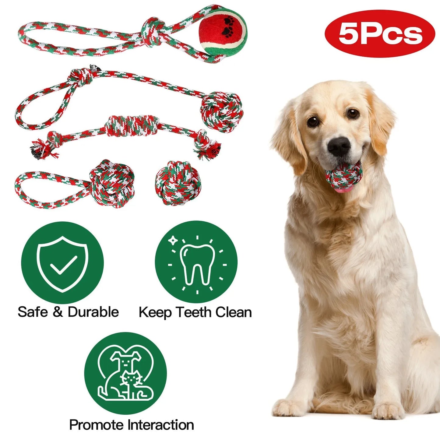 GBruno 5Pcs Christmas Dog Rope Chew Toys in vibrant colors, perfect for playful dogs, priced at $25.99 from GBruno Store.