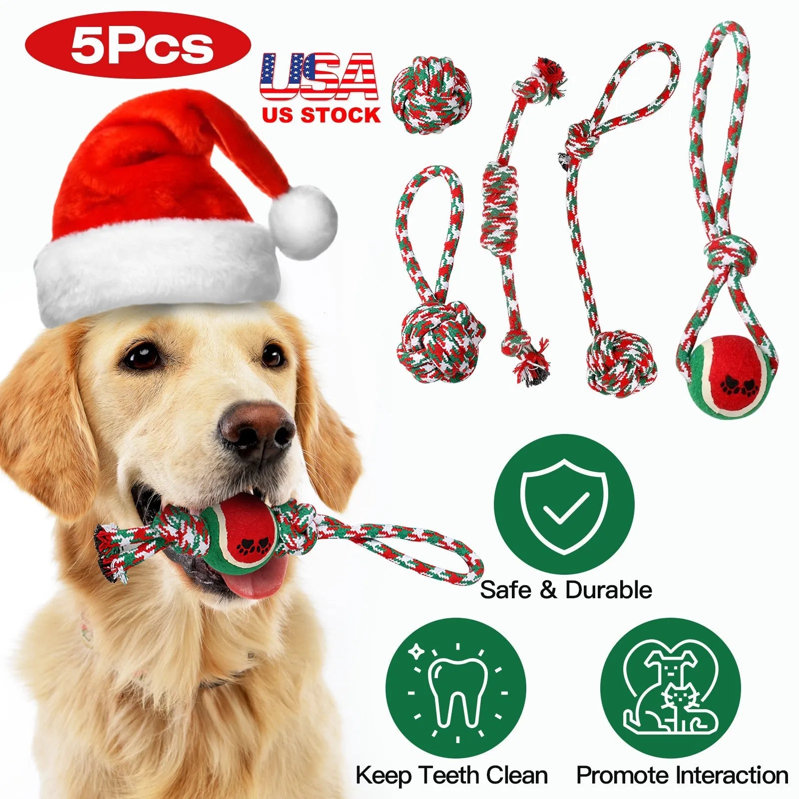 GBruno 5Pcs Christmas Dog Rope Chew Toys in vibrant colors, perfect for festive playtime and chewing fun for dogs.