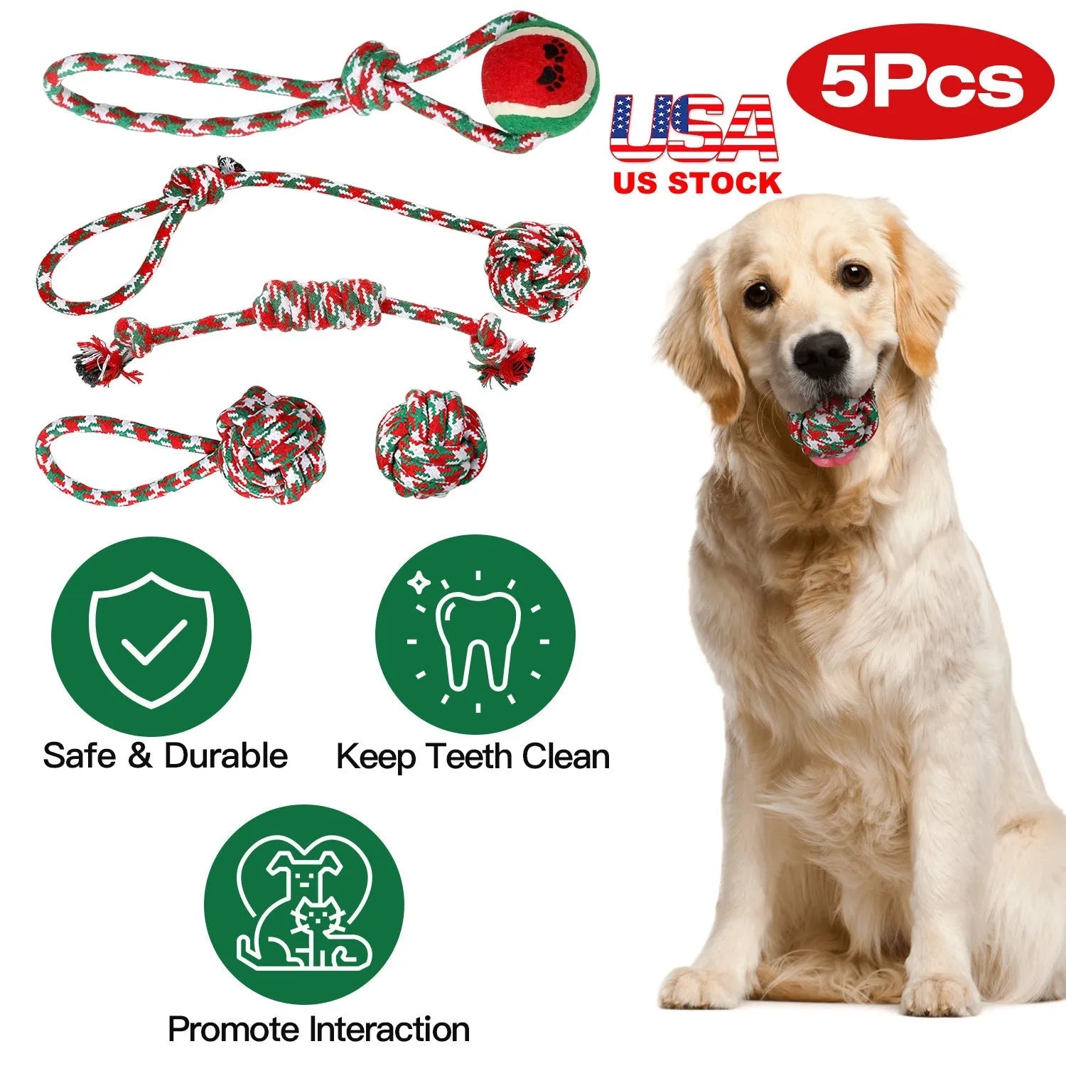 GBruno 5Pcs Christmas Dog Rope Chew Toys in festive colors, perfect for playful dogs, available at GBruno Store for $25.99.