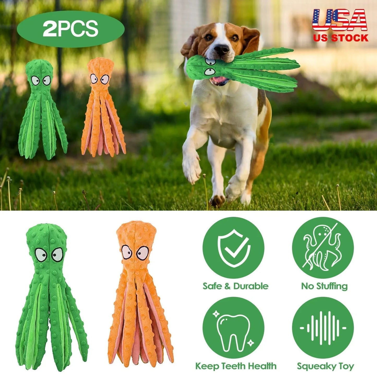GBruno Store - 2Pcs Squeaky Dog Toys No Stuffing Crinkle Plush Octopus Dog
