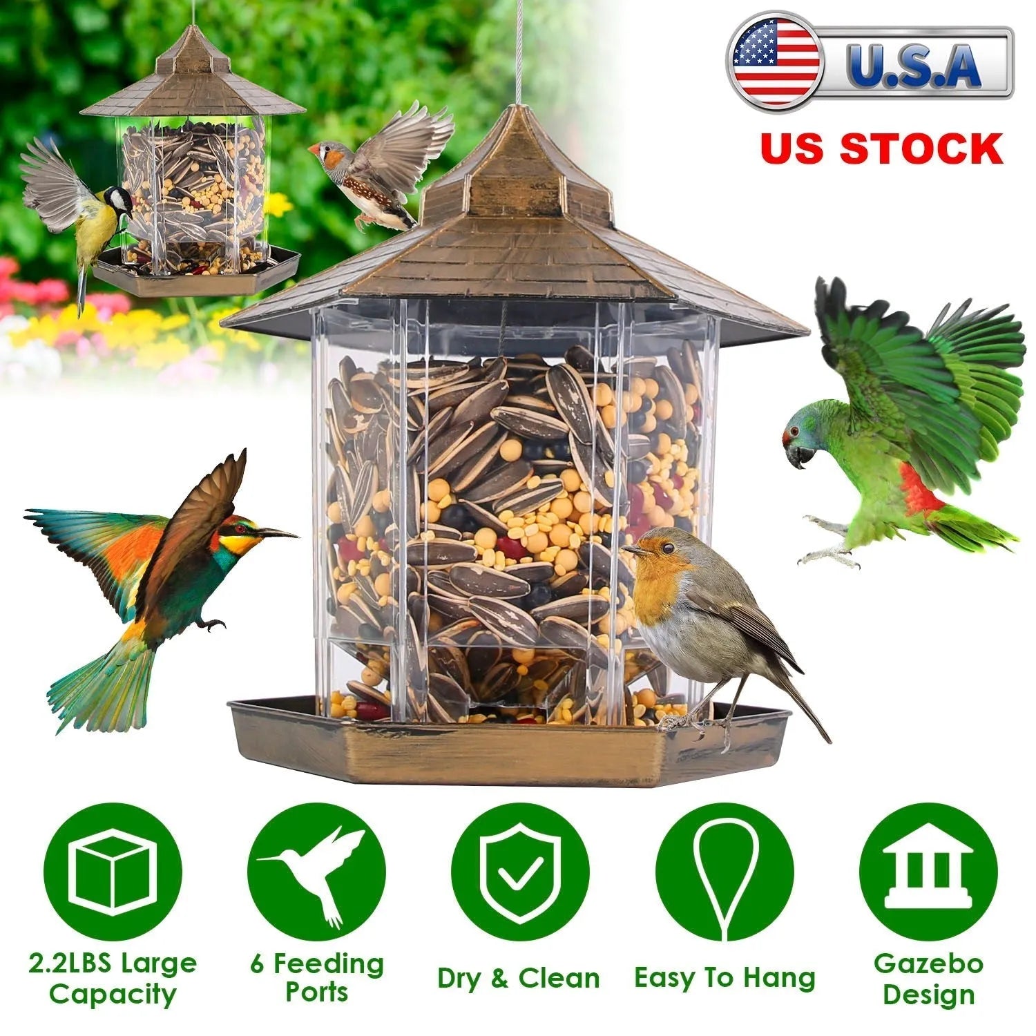 GBruno Store - Hanging Gazebo Wild Bird Feeder Outdoor Bird Seed Station with Large Capacity 6 Feeder Ports for Garden Pat...