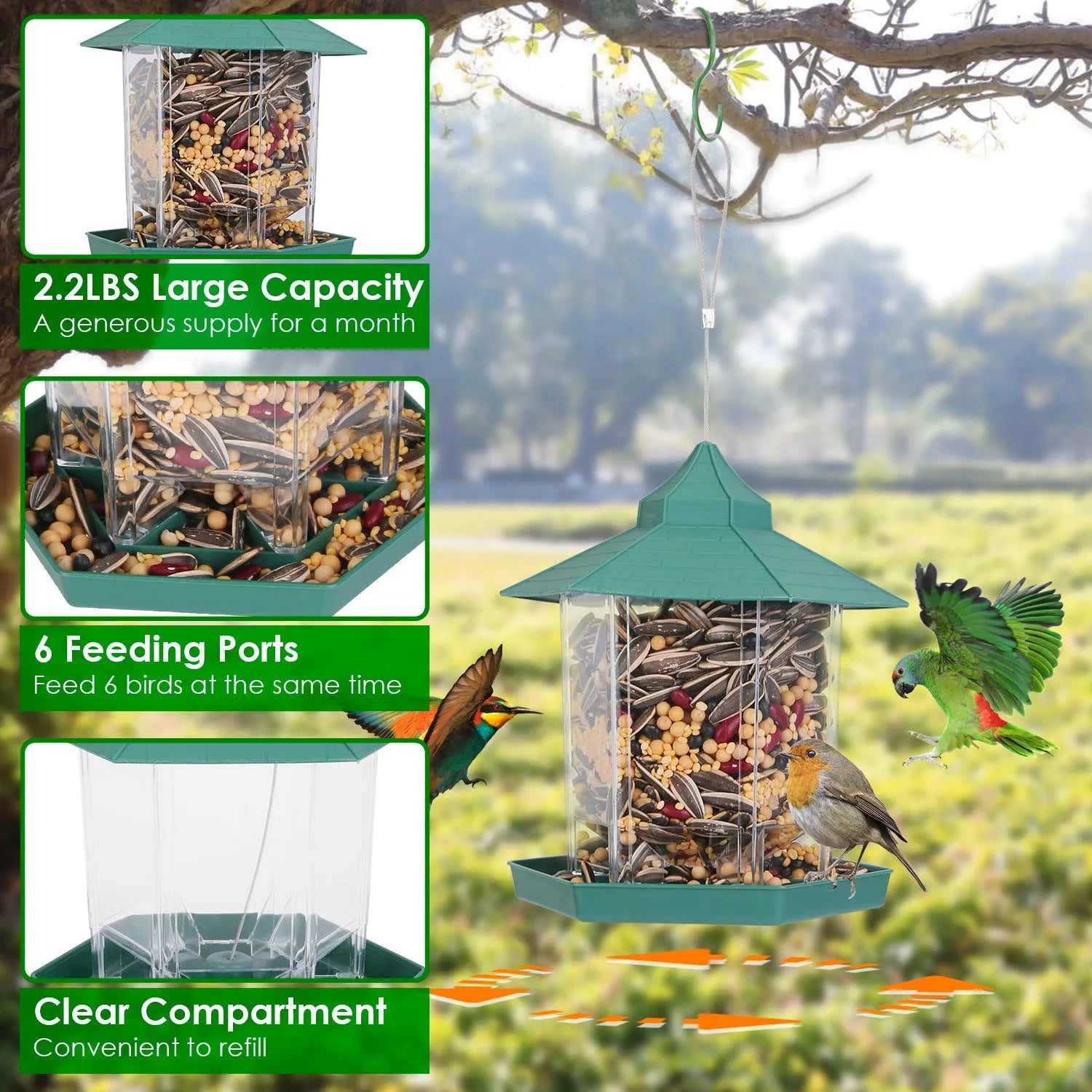 GBruno Store - Hanging Gazebo Wild Bird Feeder Outdoor Bird Seed Station with Large Capacity 6 Feeder Ports for Garden Pat...