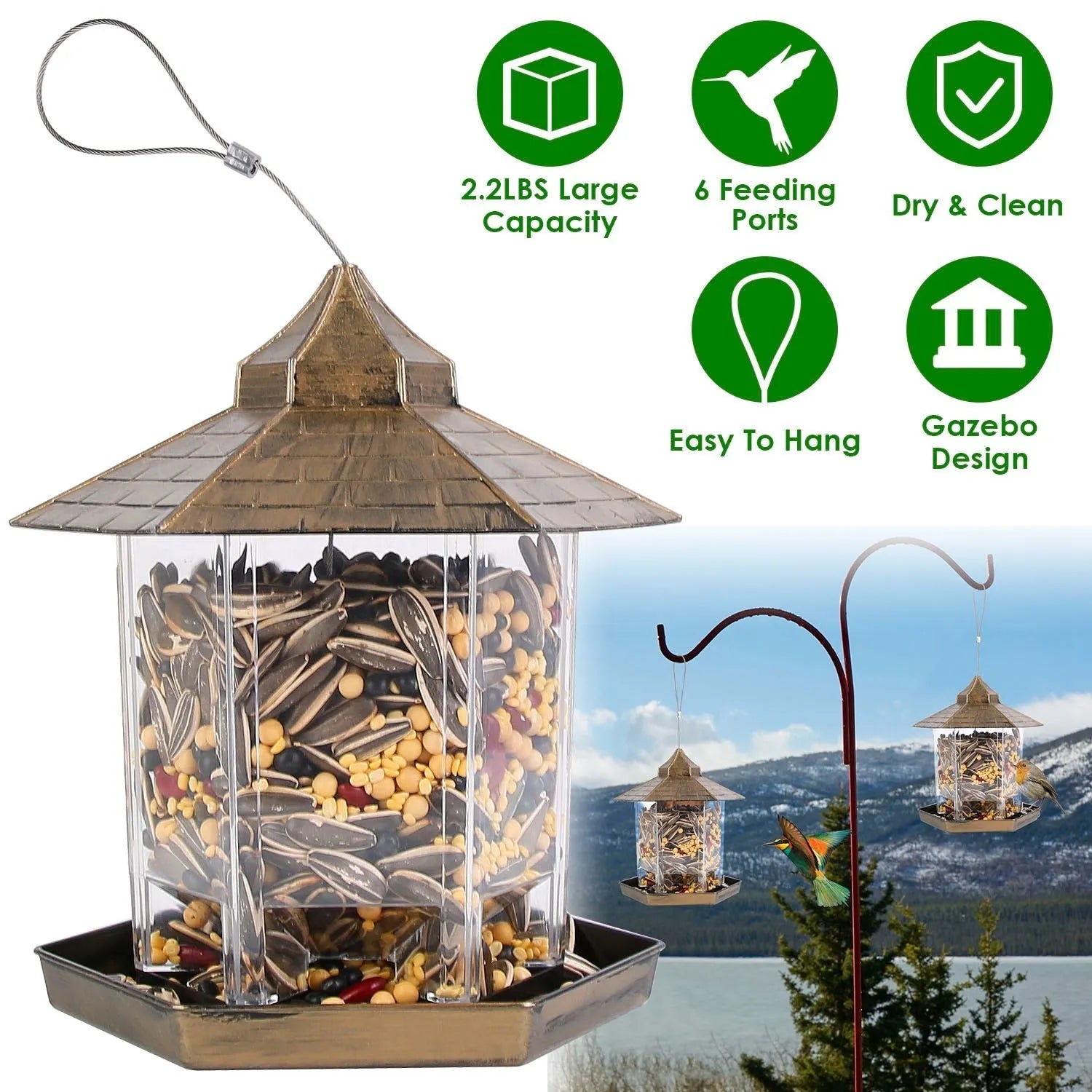 GBruno Store - Hanging Gazebo Wild Bird Feeder Outdoor Bird Seed Station with Large Capacity 6 Feeder Ports for Garden Pat...