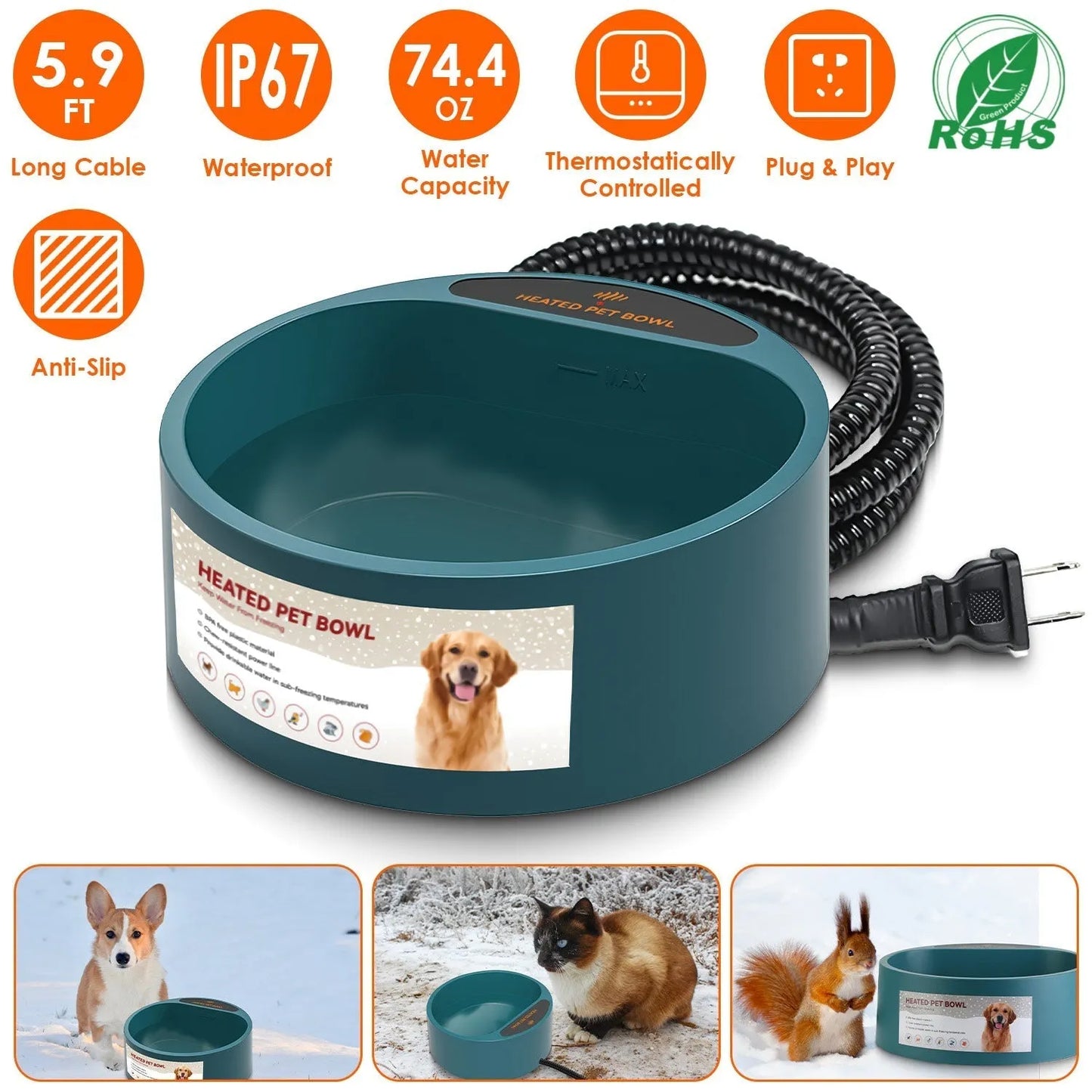 GBruno Store - Heated Water Bowl for Dog Cat 74.4OZ Heating Water Dish IP67