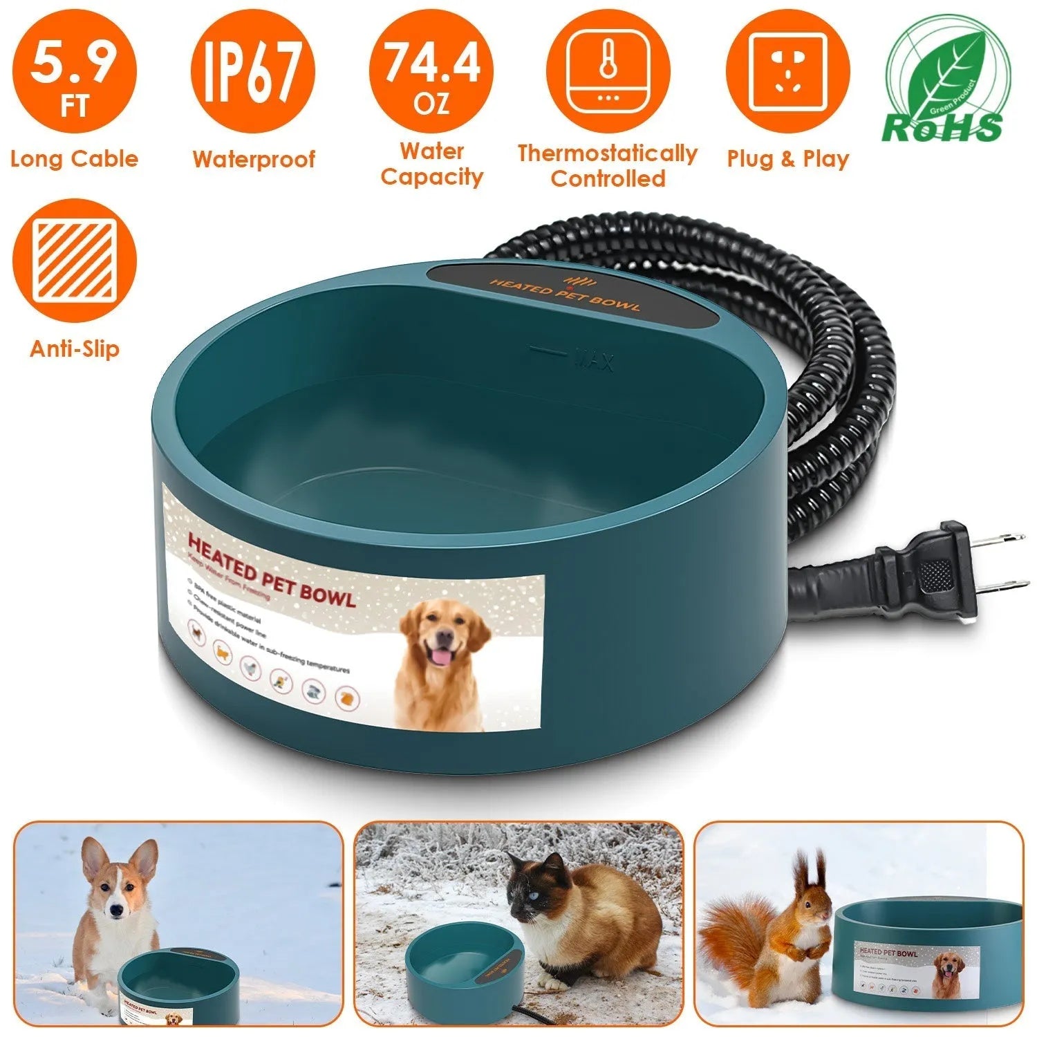 GBruno Store - Heated Water Bowl for Dog Cat 74.4OZ Heating Water Dish IP67