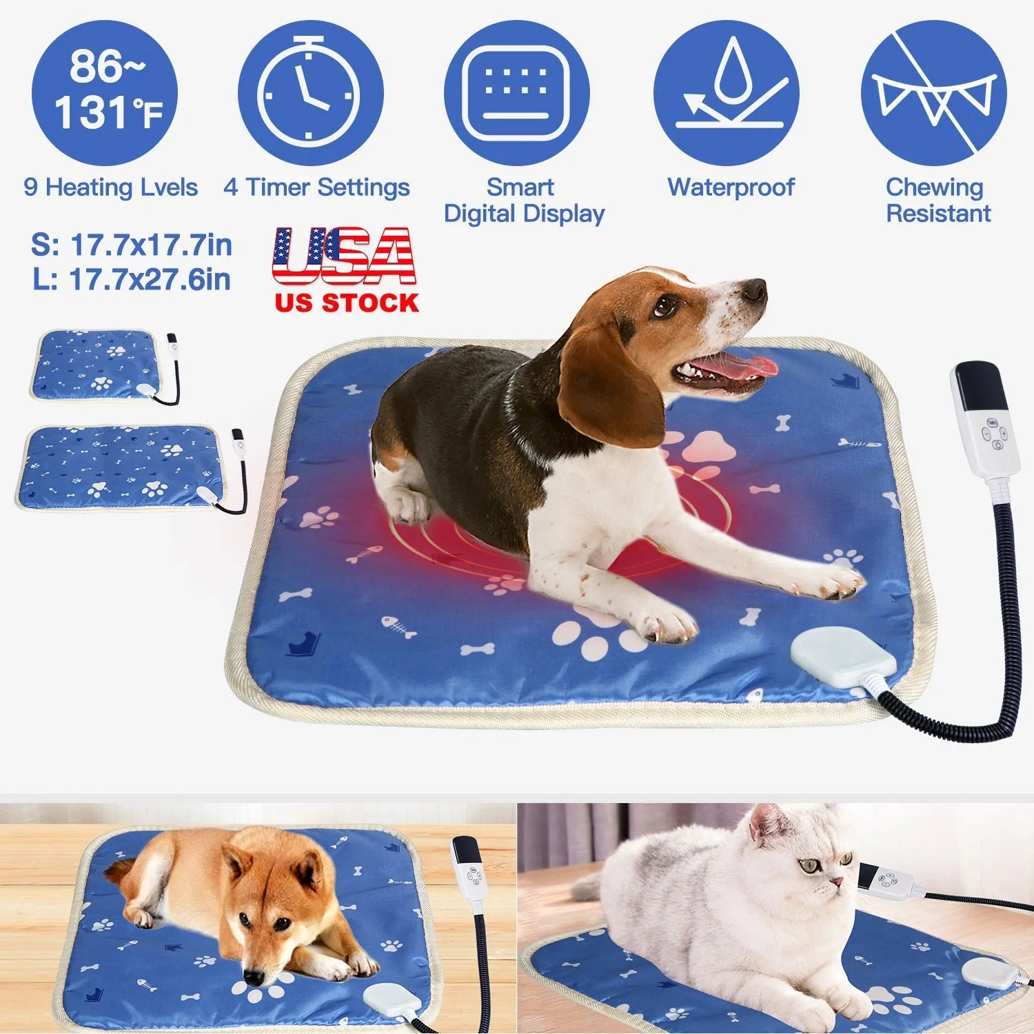 GBruno Store - Pet Heating Pad Electric Dog Cat Heating Mat Waterproof Warming Blanket with 9 Heating Levels 4 Timer Setti...