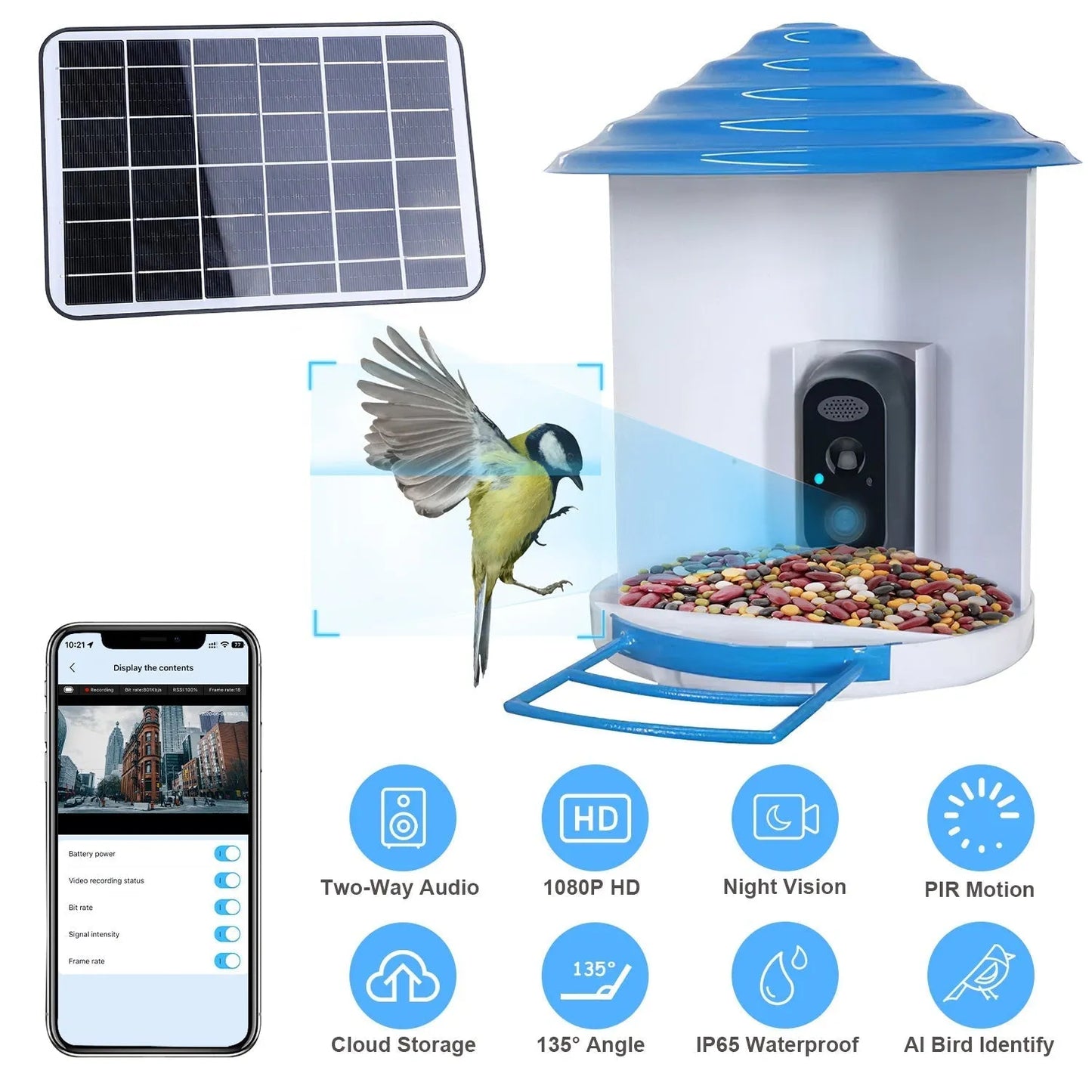 GBruno Store - Smart Bird Feeder with Solar Powered Camera 1080P HD AI Identify PIR Motion Auto Capture Video Cloud Card S...