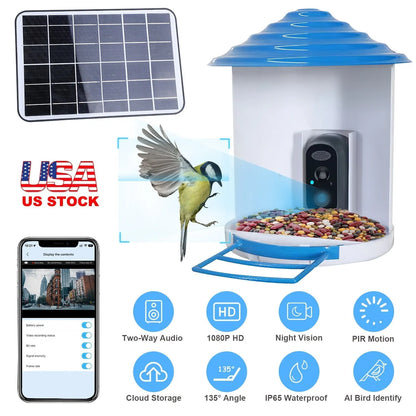 GBruno Store - Smart Bird Feeder with Solar Powered Camera 1080P HD AI Identify PIR Motion Auto Capture Video Cloud Card S...