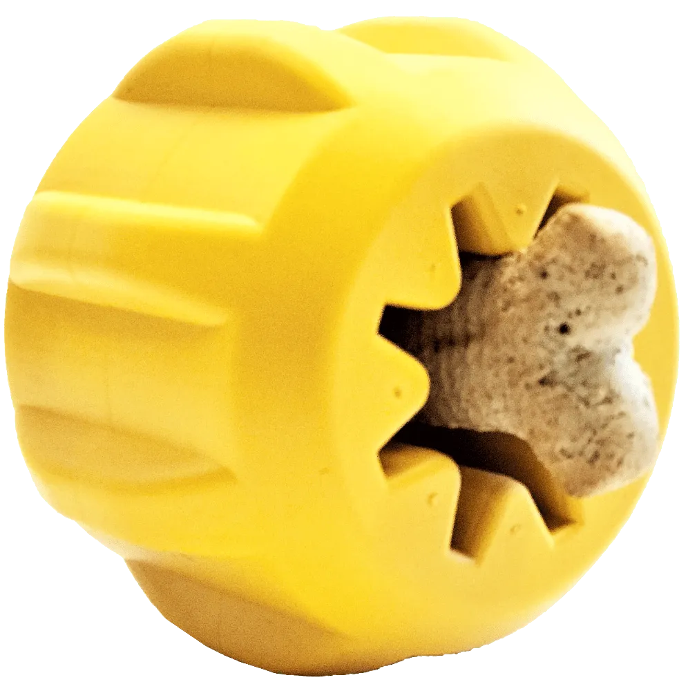 Durable Rubber Yak Chew Holder & Treat Pocket by SodaPup, LARGE GEAR TOY in YELLOW, perfect for dogs; USA made.