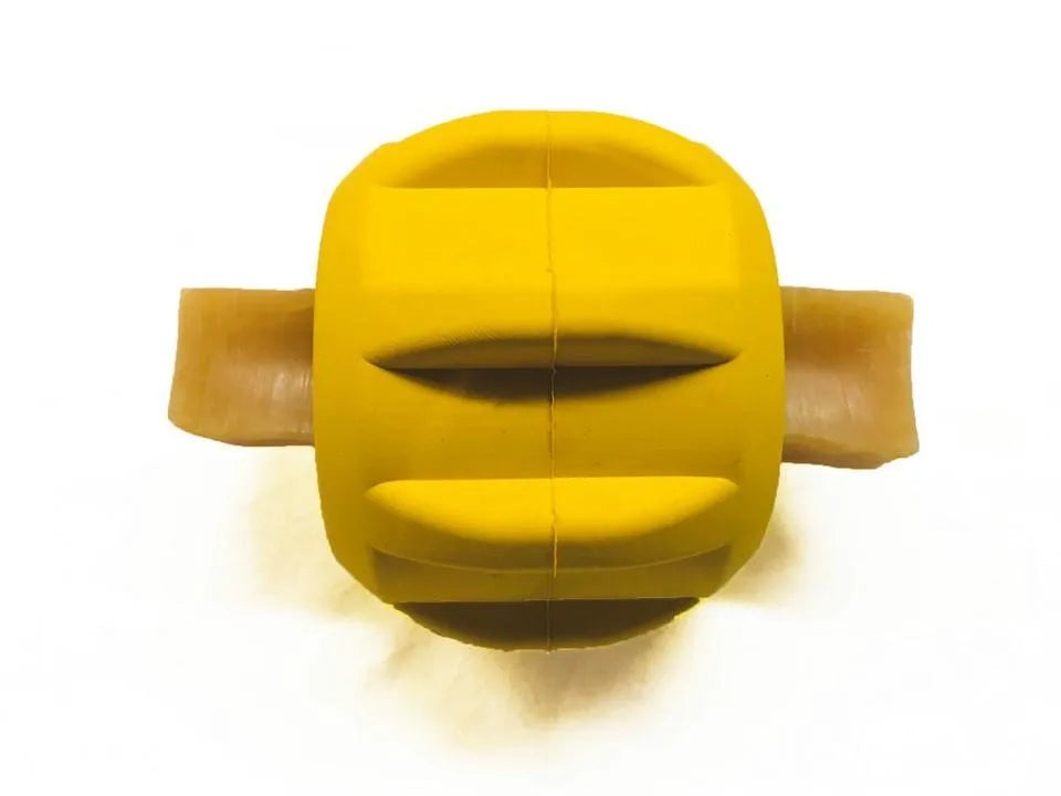 Durable Rubber Yak Chew Holder & Treat Pocket by SodaPup, LARGE GEAR TOY in YELLOW, perfect for dogs; USA made.